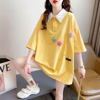 Elbow-sleeve Collar Flower Detail T-shirt