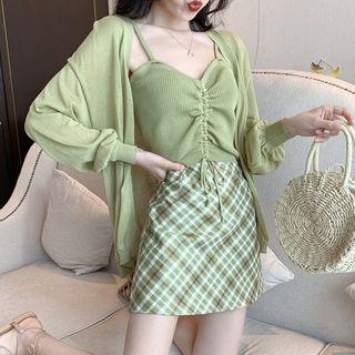 Set: Drawstring Knit Camisole + Cardigan + Plaid A-line Skirt