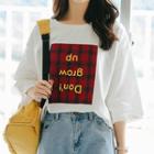 Lettering Plaid Panel Elbow Sleeve T-shirt
