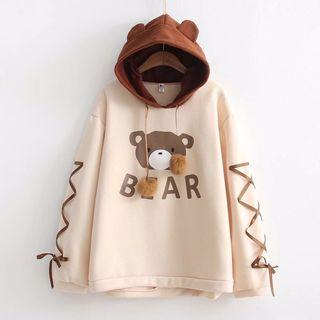 Bear Print Lace-up Hoodie