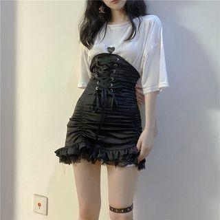 Short-sleeve Heart Print T-shirt / Lace-up Mini Fitted Skirt