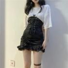 Short-sleeve Heart Print T-shirt / Lace-up Mini Fitted Skirt