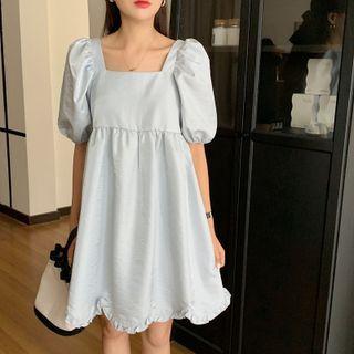 Puff-sleeve Square Neck Irregular Hem Loose-fit Dress