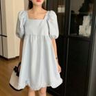 Puff-sleeve Square Neck Irregular Hem Loose-fit Dress