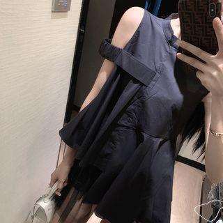 Irregular Hem Mesh Panel Cold Shoulder Blouse