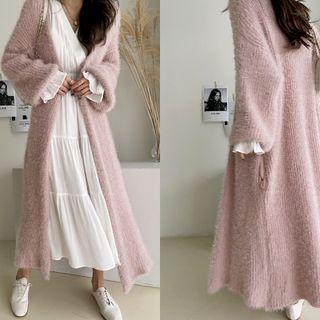 Fluffy Longline Wrap Cardigan With Sash Pink - One Size