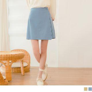 Mid-rise Plain Scallop Edge Cotton A-line Skirt