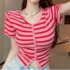 Short-sleeve Striped Crop Top Red & Pink - One Size