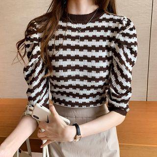 Contrast Color Puff-sleeve Knit Top