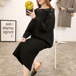Set: Buttoned Sweater + Midi Knit Skirt