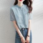 Short-sleeve Mandarin Collar Lace Top