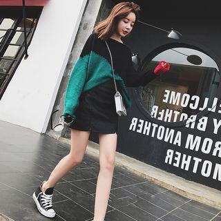 Color Block Sweater / Faux-leather Mini Skirt / Set