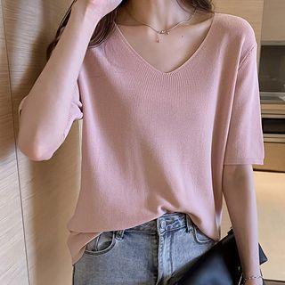 V-neck Short-sleeve Plain Knit Top