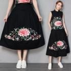 Floral Embroidery A-line Midi Skirt