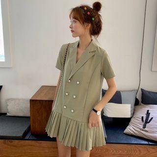 Double-breasted Pleated Mini A-line Blazer Dress