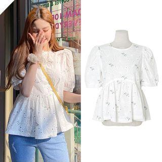 Puff-sleeve Floral Perforated Blouse