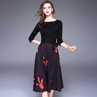 3/4 Sleeve Panel Printed Midi Dress