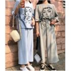 Set: Elbow-sleeve Print T-shirt + Wide-leg Pants
