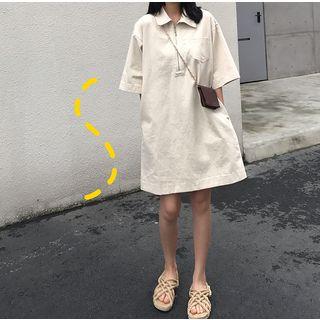 Elbow-sleeve Half Zip Polo Shirt Dress Almond - One Size