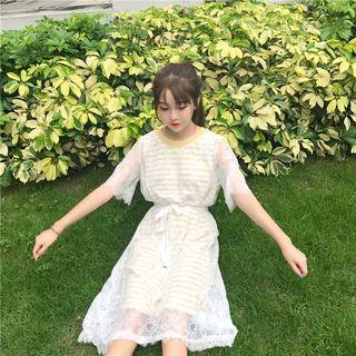 Striped Lace-covered Short-sleeve T-shirt Dress