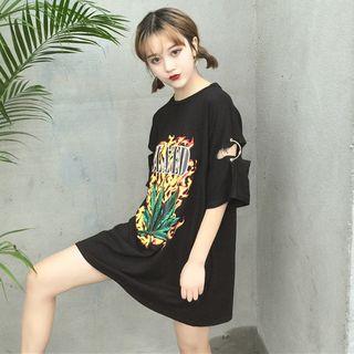 Elbow-sleeve Ring Detail Printed Long T-shirt