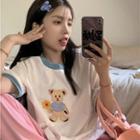 Cartoon Bear Embroidered T-shirt White - One Size