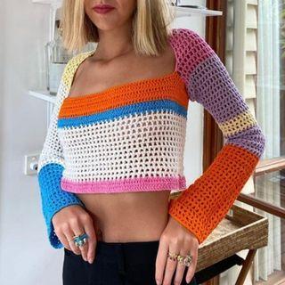 Color Block Crop Pointelle Knit Top