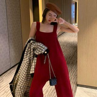 Sleeveless Wide-leg Knit Jumpsuit Wine Red - One Size