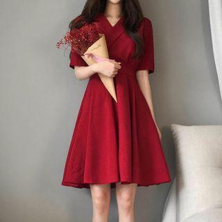 Short-sleeve Notch-lapel A-line Dress