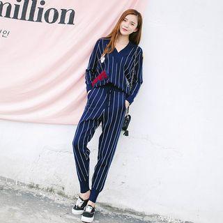 Set: Patch Embroidered Striped V-neck Pullover + Jogger Pants