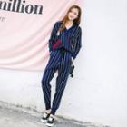 Set: Patch Embroidered Striped V-neck Pullover + Jogger Pants