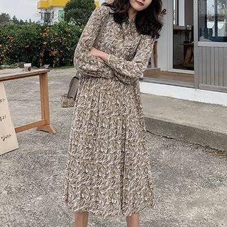 Long-sleeve Leaf Print Midi Accordion Pleated Dress