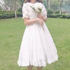 Plain Ruffle Trim Short-sleeve Midi A-line Dress White - One Size