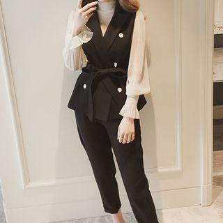 Set: Plain Blouse + Tie-waist Vest + Cropped Straight-fit Pants