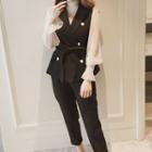 Set: Plain Blouse + Tie-waist Vest + Cropped Straight-fit Pants