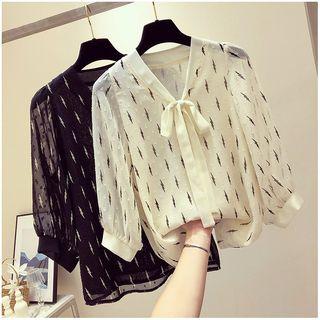 Flash Print 3/4-sleeve Tie-neck Chiffon Blouse