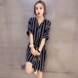 Elbow Sleeve Pinstriped Midi Shirt Dress