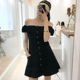 Off-shoulder Buttoned Mini A-line Dress