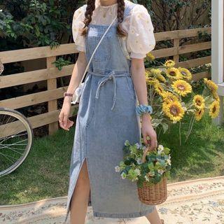 Puff-sleeve Sheer Floral Top / Midi A-line Denim Pinafore Dress