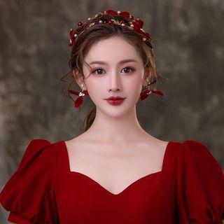 Set : Wedding Faux Pearl Fabric Headpiece + Dangle Earring