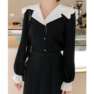 Contrast-trim Faux-pearl Button Blouse
