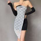 Set: Halter-neck Lace Panel Mini Sheath Dress + Arm Sleeves