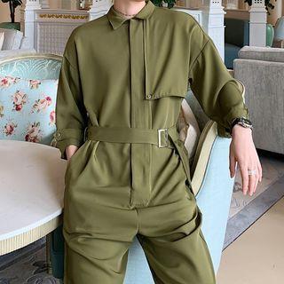Belted 3/4-sleeve Shirt Jumpsuit