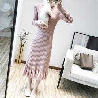 Long-sleeve Ribbed Pleated Knit Dress