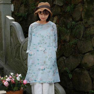 3/4-sleeve Printed Slit A-line Dress As Shown In Figure - One Size
