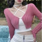 Long-sleeve Cropped Cardigan / Halter-neck Camisole Top