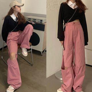 Mock-two Piece Crop Sweatshirt / Ripped Cargo Wide-leg Pants