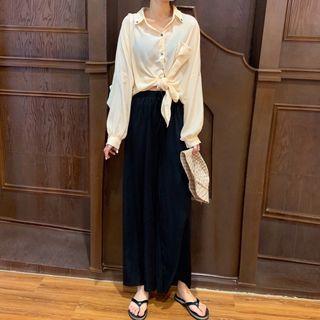 Pocket Detail Oversize Shirt / Cropped Wide-leg Pants