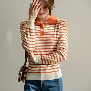 Contrast-collar Stripe Knit Top