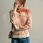 Contrast-collar Stripe Knit Top